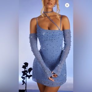 Oh Polly Soho Embellished Asymmetric Corset Mini Dress in Light Blue